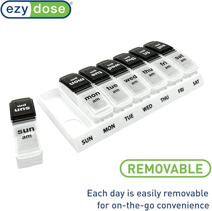 EZY DOSE Weekly (7-Day) Daily AM/PM Pill Case, Medicine Planner, Vitamin Organizer, Supplement Container, Large Pop-Out Compartments, Designed for Travel 2 Times a Day, Black and White Lids
