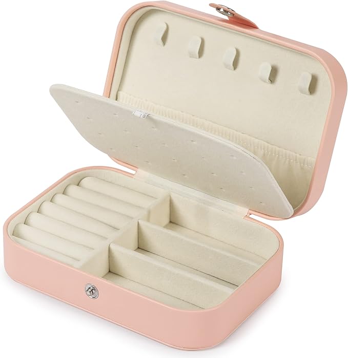 Travel Jewelry Box, PU leather Small Jewelry Organizer For Female Girls, double layer portable mini travel case for storing earrings, rings, necklaces.(Pink)