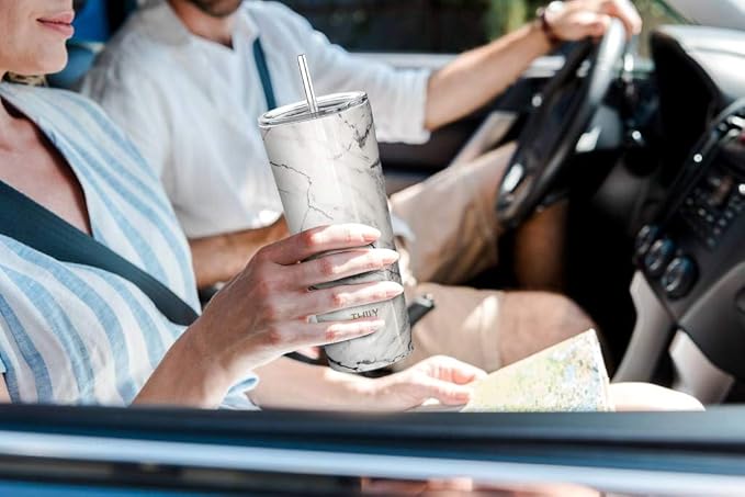 THILY Stainless Steel Vacuum Insulated Tumbler Travel Mug 26 oz Coffee Cup with 2 Lids and Straws, Splash Proof, Keep Ice Drinks Cold, White Marble