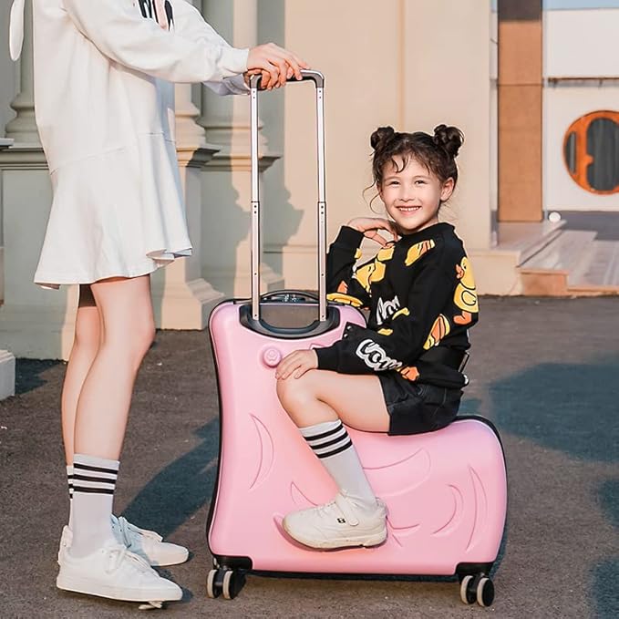 Hardside Ride on Kids Luggage with 4 Spinner Wheels for Girls and Boys,Rolling Childrens Travel Suitcase with Seat and Safety Belt for Toddler Ages 2-6,Verify Carry-on policy 21 Inch Pink