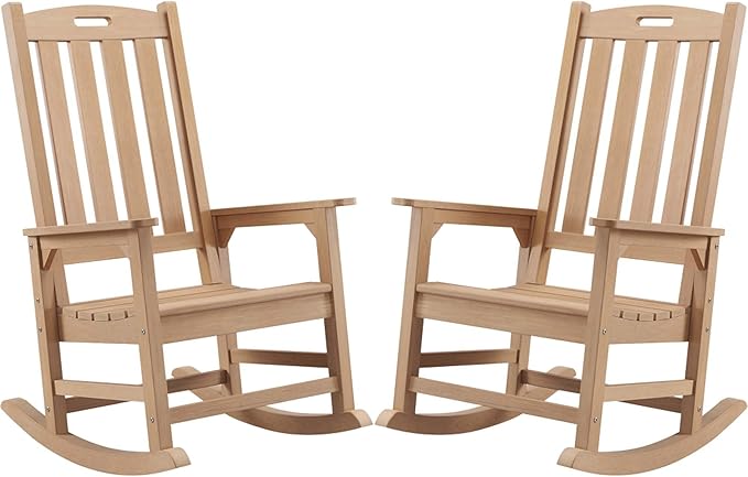 Psilvam Oversized Outdoor Rocking Chair Set of 2, Porch Rocker with 21" Wide Seat and 32" Tall Backrest, Pre-Assembled with Most Components for Effortless Installation (Teak Color)