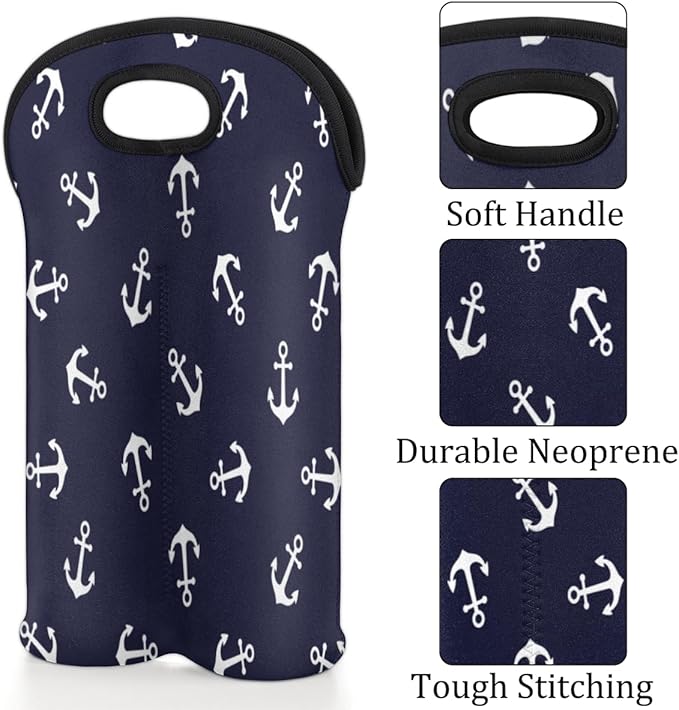 Nautical Anchors 2 Bottle Wine Carrier Tote Bag Insulated Wine Bottles Neoprene Bag with Secure Carry Handle Portable Wine Cooler Bag for Travel Picnic Beach