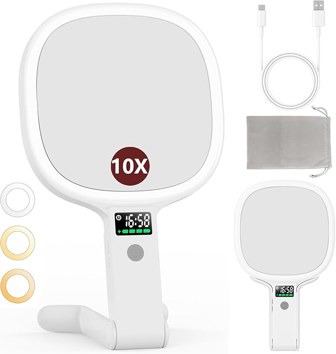 Alovely Travel Makeup Mirror with Light, Double Sided 10X Magnifying Mirror with Light, Rechargeable Portable Lighted Beauty Mirror, 3 Color Lighting Dimmable Touch Screen,Tabletop Handhold Hanging