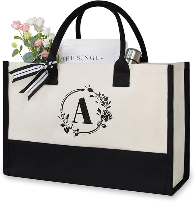 TOPDesign Personalized Initial Jute/Canvas Beach Bag, Monogrammed Gift Tote Bag for Women