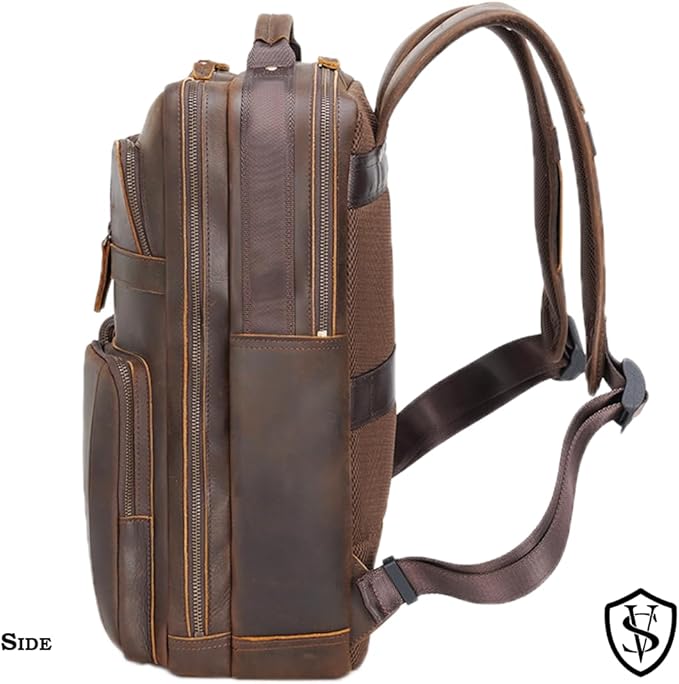 STAR VISTA Angelo 17.3" Vintage Full Grain Leather Laptop Backpack for Men, Multi Pockets, Casual Outdoor Business Travel Rucksack, YKK Zippers, Dark Brown
