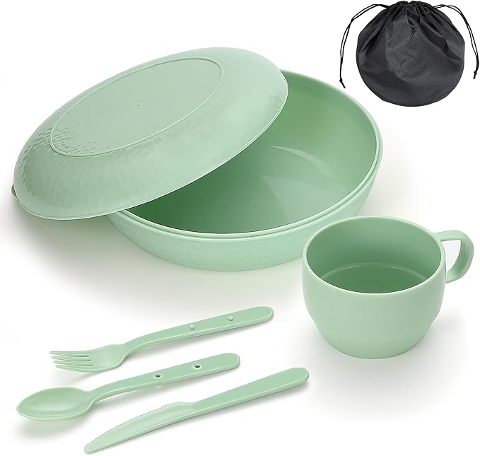 HOMQUEN 6-Piece Camping Mess Kit with Bowl, Plate, Cup, Spoon, Fork, Knife and Carry Bag, Plastic Camping Accessories Essentials Gear for Travel, Camping, Picnic, Outdoor, Easy to Carry & Store