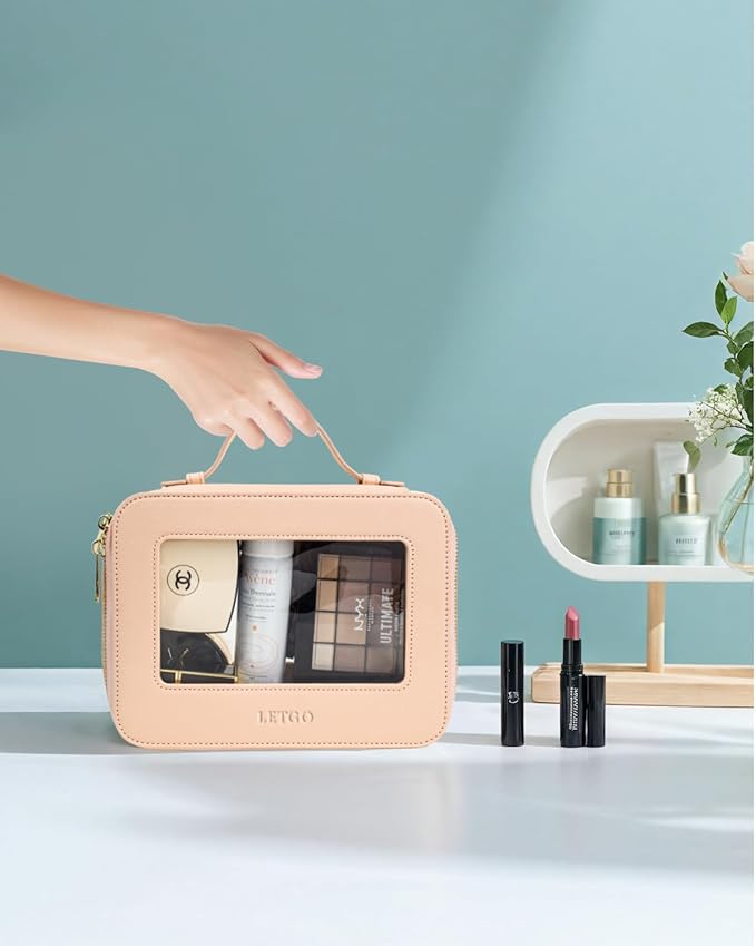 LETGO Clear Makeup Bag Travel Cosmetic Case Transparent Toiletry Bag with Zipper, Portable Make Up Organizer Traveling Compact Car Bag for Essentials (A-Nude)
