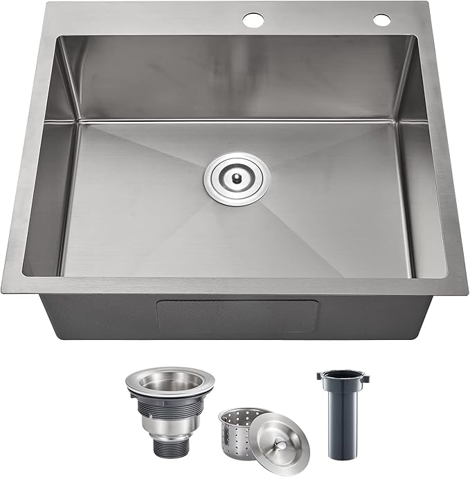 POPFLY 25×22 Inch Drop in Kitchen Sink, Top mount Stainless Steel Single Bowl Sink, 18 Gauge Hand-made Overmount 9 Inch Deep Sink, Brushed