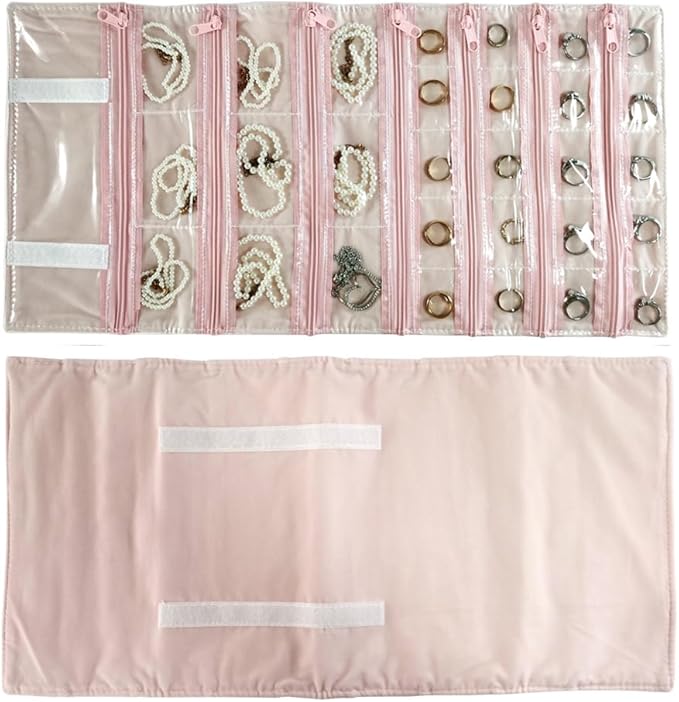 Travel Jewelry Roll Bag Portable Organizer Pouch With Grids&PVC Cover Storage Bags for Necklace, Bracelet, Bracelet,Ring, Badge, Pendant