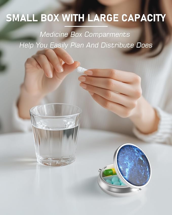 Pill Box, 3 Compartment Portable Travel Medicine Box with Mirror, Compact and Cute, Fits in Purse and Pocket, Medicine and Vitamin Organizer (Blue Starry Sky)