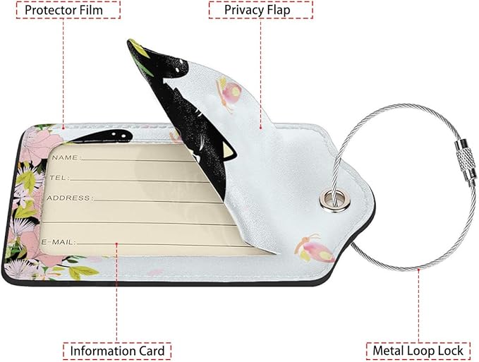 Smiling Black Cat Among Flowers 2 Pack Luggage Tag for Suitcase, Leather Bag Tags Identifiers Privacy Cover ID Label with Steel Loop for Women Men Kids Girls Travel