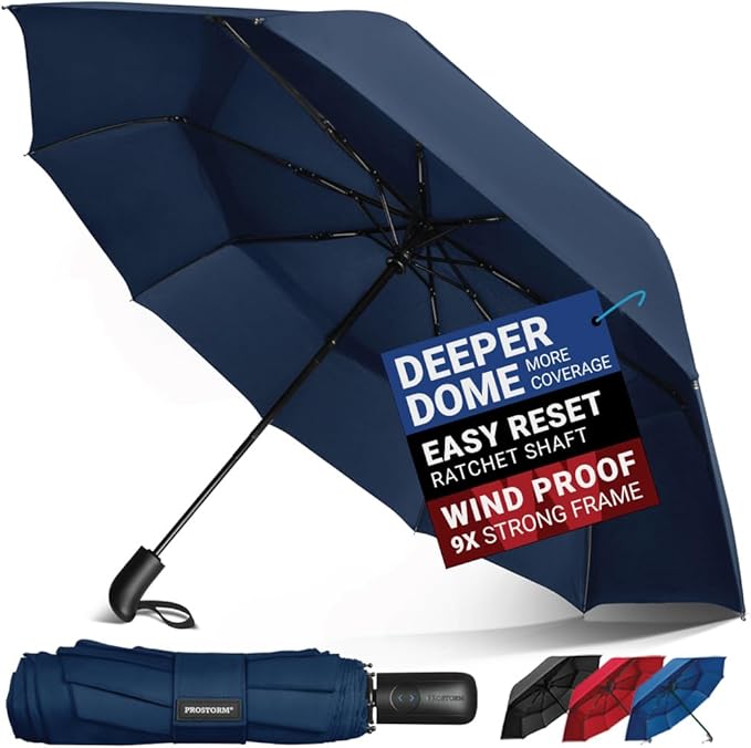 Vented Travel Umbrella | Strong Compact Windproof Umbrella | Top Pick by Wirecutter 2025 | Deep Dome Coverage | Auto Open/Close | Portable Pop Up with Large Coverage | Fits Car & Backpack