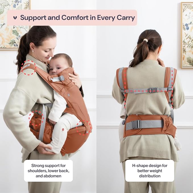 BabbleRoo Grow Carrier – 6-in-1 Baby Carrier with Hip Seat, Ergonomic, Cozy & Adjustable Toddler Carrier 7-50 lbs with Hip & Lumbar Support, Hood for Sun Protection, Newborn to Toddler, Kangaroo Rose