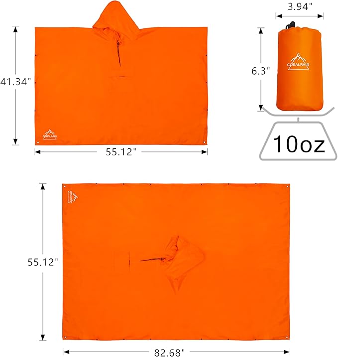 Coralrain Hooded Rain Poncho Lightweight Waterproof Unisex Raincoat Jacket with Pocket for Men Women Adult