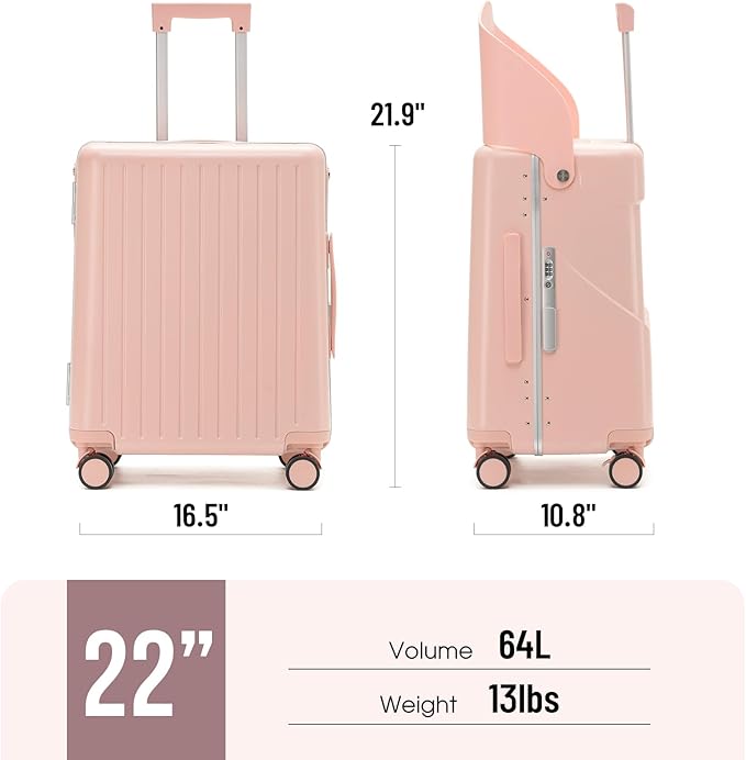 22 Inch TSA Lock Luggage with Seat for Adults and Kids,Check in Lockable Spinner Wheels Suitcase with Seat Belt and Cover (TSA Luggage with Seat Pink)