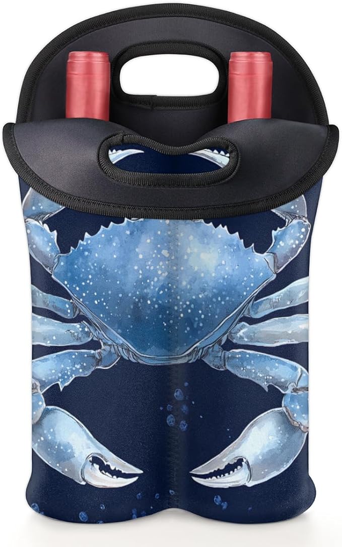 Neoprene Wine Tote, Bottle Carrier Gag Insulating Neoprene Thicker, Insulated Wine Bag for Travel Holds Two Bottles, Bottle Carrier Bags Protect the Bottles, Blue Crab