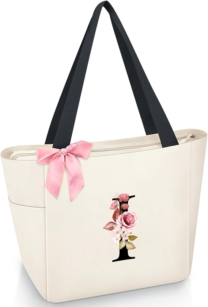 Vavabox Tote Bag, A-Z Initial Monogrammed Waterproof Tote Bag, Bridesmaid Gifts for Women, Black and Pink