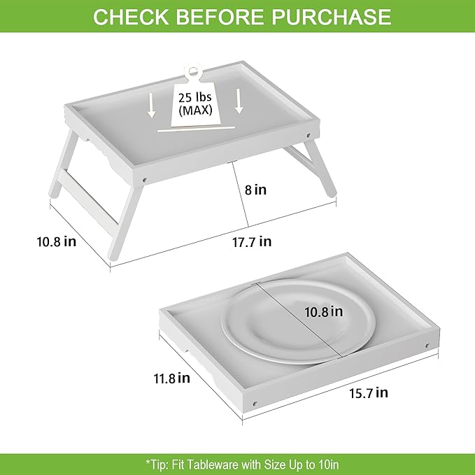 Bed Tray Table with Folding Legs, Bamboo Breakfast in Bed for Kitchen Serving Tray, Sofa, Eating, Used As Laptop Desk Snack Tray (4 Pack, White Color)