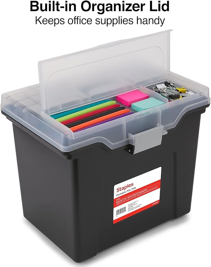 STAPLES File Folder Tote, Portable Filing Box, Letter Size Hanging Folders, Security Latch & Built-In Lid Organizer, Black/Clear