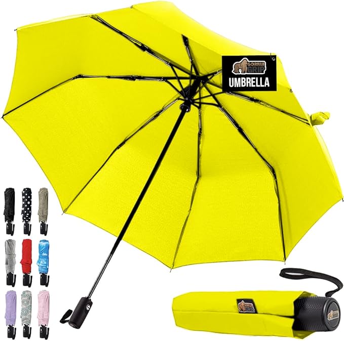 GORILLA GRIP Strong Stick Umbrella for Rain, Compact Travel One-Click Automatic Open Close, Lightweight, Portable, US Designed Reinforced Fiberglass Ribs, Wind Resistant, Easy Collapse, Yellow