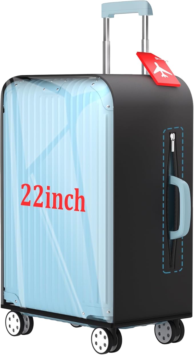 Upgraded Elastic Suitcase Covers for Luggage - Stretchable Black Cloth + Clear TPU, Fit 22 Inch Travel Suitcase, Waterproof & Anti-Scratch, Includes Free Red Luggage Tag