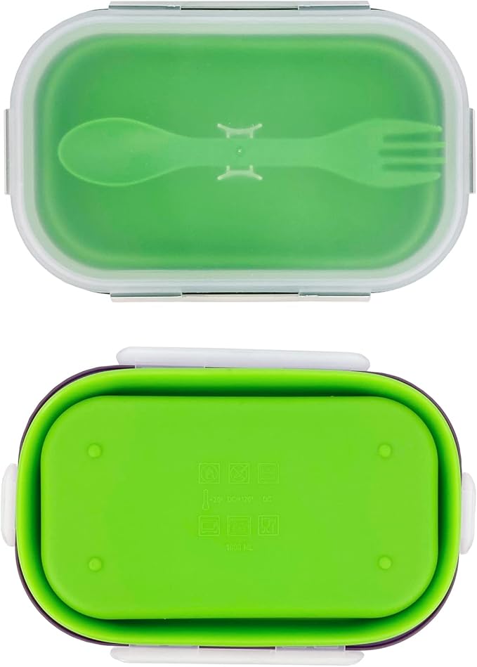 Green Food Grade Silicone Lunch Container Bento Box, Collapsible Food Storage Containers with Airtight Lids and 2in1 Fork, Reusable Food Container for Travel Camping, 1000ml Microwave Container