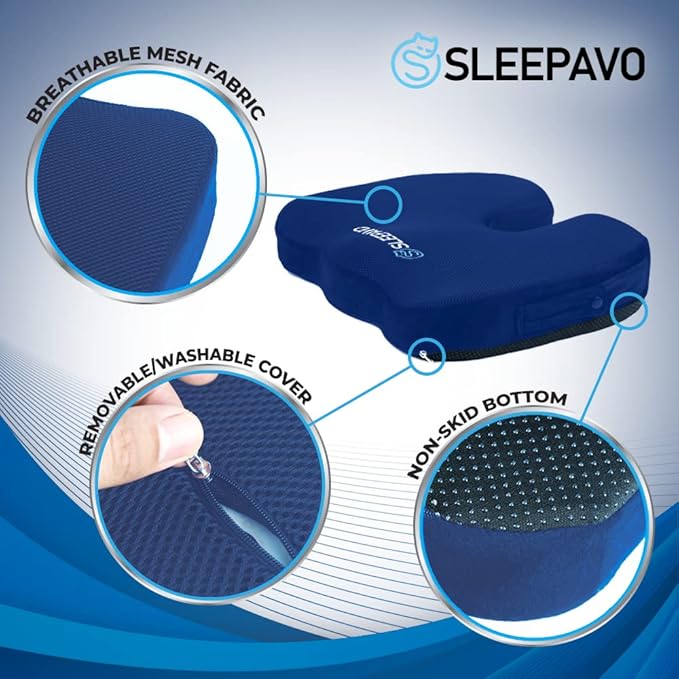 Sleepavo Office Chair Cushion - Seat Cushion for Tailbone Pain Relief - Butt Pillow for Coccyx, Sciatica, and Lower Back Pain - Orthopedic Chair Pad for Lumbar Support in Office Desk (Navy Blue)