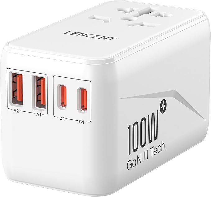 LENCENT Universal Travel Adapter, 100W GaN3 International Adaptor with 2 QC3.0 USB-A+2 PD3.0 Type-C PPS Fast Charging, Worldwide Wall Charger for iPhone,Laptop, Plug Adapter USA/UK/EU/AU
