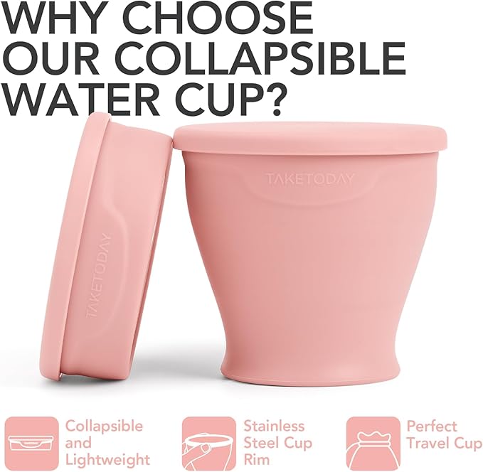 TakeToday Collapsible Travel Cup - Silicone Foldable Water Cup, BPA-Free with Lid & Waterproof Bag - Drinking Cup Set for Camping, Outdoors & International Travel（8 Oz, Lowcountry Peach）