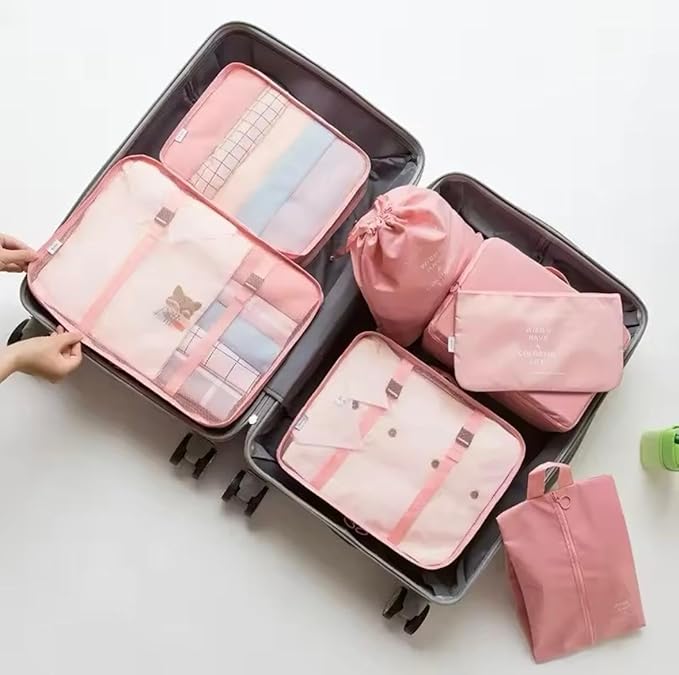 9 Set Packing Cubes for Suitcases, Aydicon Travel Luggage Packing Organizers with Laundry, Toiletry Bag, Compression Storage Shoe Bag, Toothbrush Case, Travel Essentials (Pink)