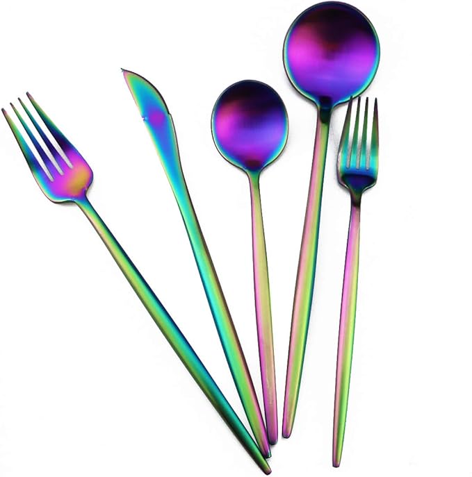 Gugrida 20-Piece 18/10 Stainless Steel Flatware Silverware, Luxury Dinnerware Set Travel Cutlery Tableware Include Knife Fork Spoon Service for 4,Healthy & Eco-Friendly Dishwasher Safe (Rainbow Matte)