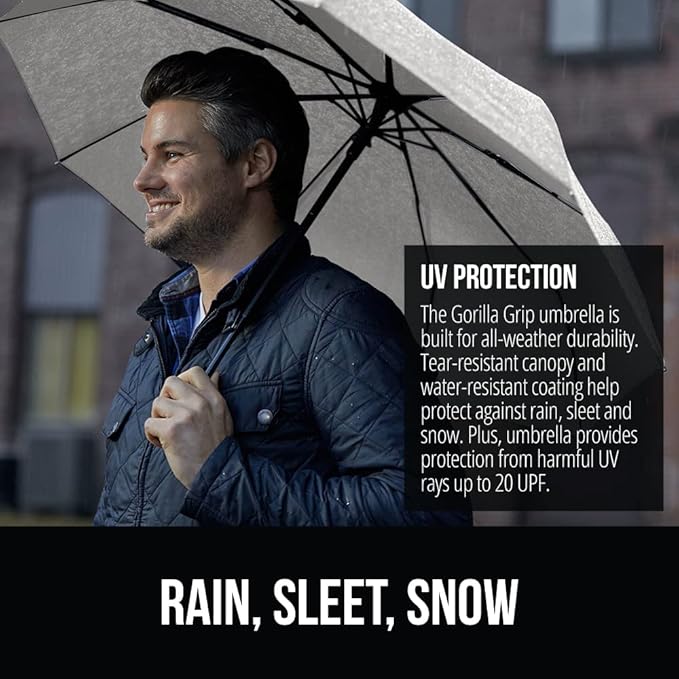 GORILLA GRIP Strong Stick Umbrella for Rain, Compact Travel One-Click Automatic Open Close, Lightweight, Portable, US Designed Reinforced Fiberglass Ribs, Wind Resistant, Easy Collapse, Gray