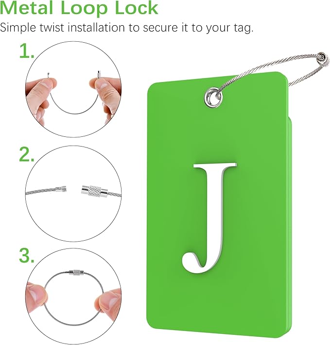 Gostwo 2 Pack Luggage Tags for Suitcases, 26 Initial Letter Travel Luggage Baggage Identification Labels ID Tag Fully Bendable Tags with Stainless Steel Loop (Green) (Letter J)