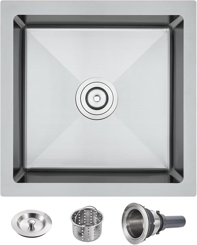 POPFLY 18 x 18 Inch Undermount Kitchen Sinks, Stainless Steel Single Bowl 9 Inches Deep Utility Small Bar or Prep Sinks, Brushed Nickel Laundry Room Sink（18×18×9）
