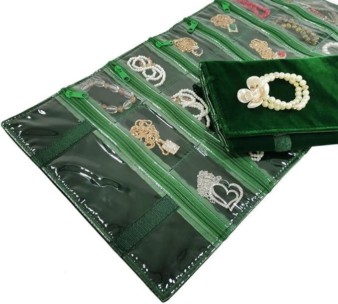 Travel Jewelry Roll Bag Portable Organizer Pouch With Grids&PVC Cover Storage Bags for Necklace, Bracelet, Bracelet,Ring, Badge, Pendant