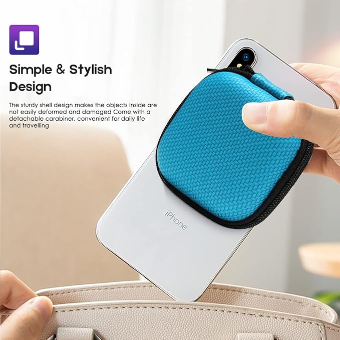 Earbud Case Hard EVA Earphone Carrying Cell Phone Accessories Storage Bag with Carabiner for Airpods Headset Flash Drive Charging Cable Key Wall Charger USB Adapter (Blue 2Pack)