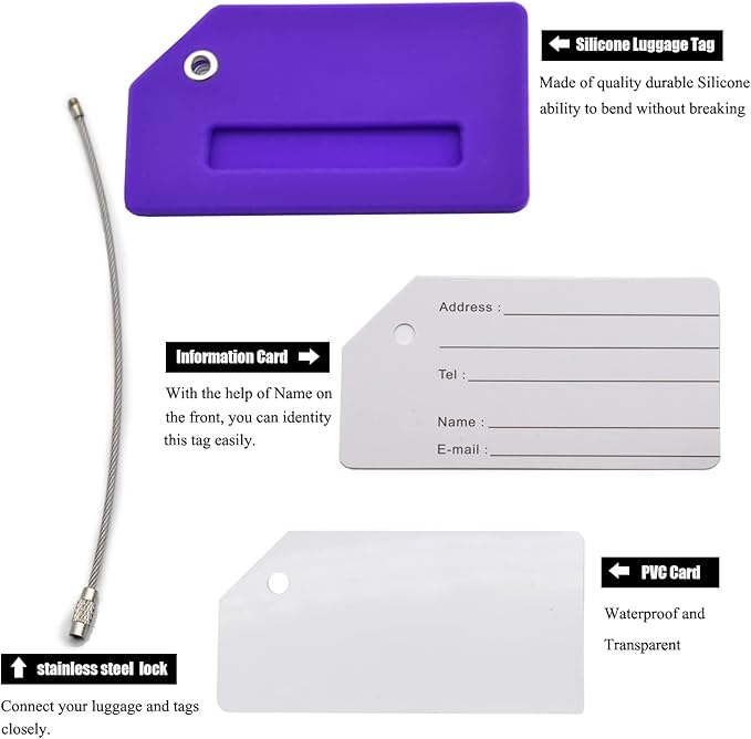 7 Pack Silicone Luggage Tag Baggage Handbag Travel Suitcase Tags with Name ID Card Perfect to Quickly Spot Luggage Suitcase (Purple)