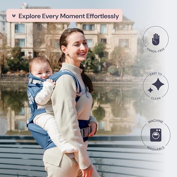 BabbleRoo Grow Carrier – 6-in-1 Baby Carrier with Hip Seat, Ergonomic, Cozy & Adjustable Toddler Carrier 7-50 lbs with Hip & Lumbar Support, Hood for Sun Protection, Newborn to Toddler, Denim Leaves