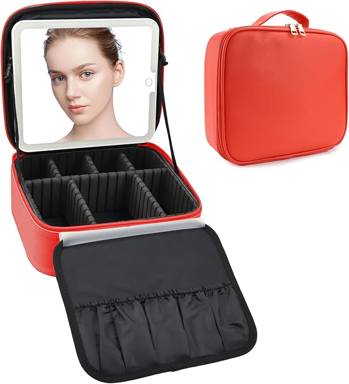 Travel Makeup Bag with LED Mirror Travel Makeup Organizer with 3 Lighted Settings, Adjustable Dividers and Makeup Brush Storage Bag Red