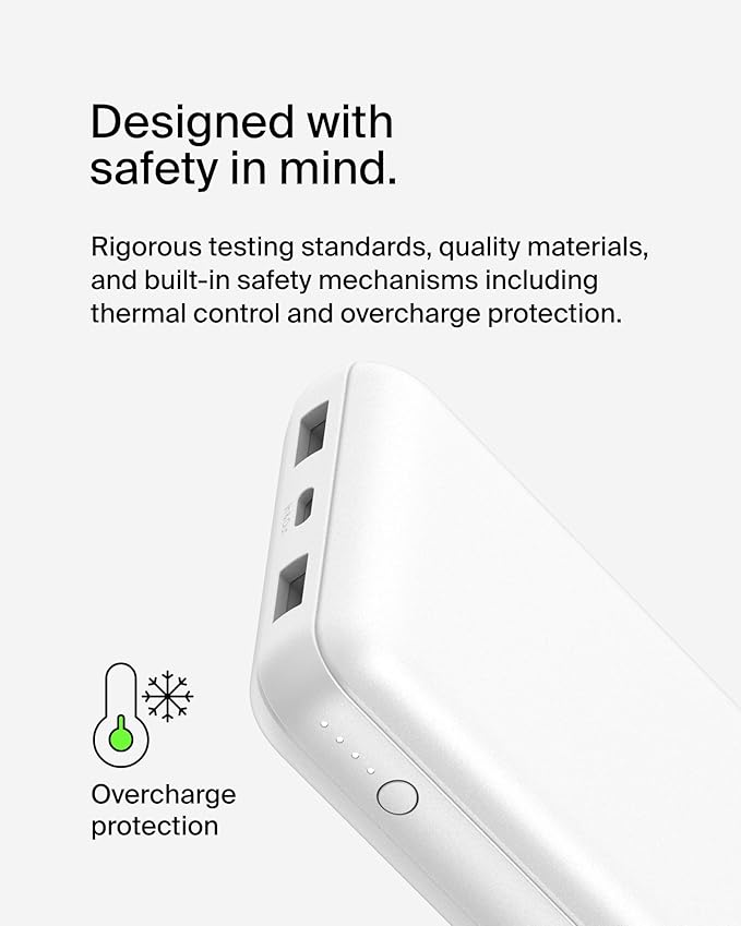 Belkin Portable Charger, USB C Power Bank 20000 mAh w/ 1xUSB-C Port & 2xUSB-A Ports, 15W w/Type-C to Type-A Cable - iPhone 16, Samsung Galaxy S25, Nintendo Switch 2, Google Pixel 10, etc. - White