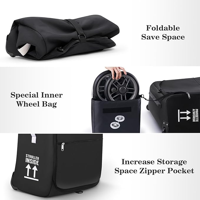 Stroller Bag for Airplane, Stroller Travel Bag Compatible with UPPAbaby Vista, Vista V2, Cruz V2, Rolling Wheel Bag with Storage Pocket, Multiple Handles, Luggage Tag for Flight Travel, Black