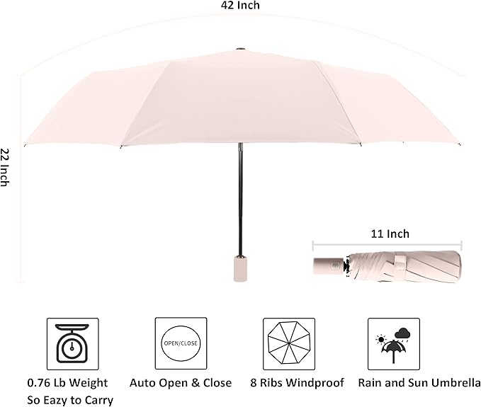 BAODINI Small UV Protection Travel Umbrella Compact for Rain and Sun UPF 50+ 41 inch Portable Umbrella for Women and Men