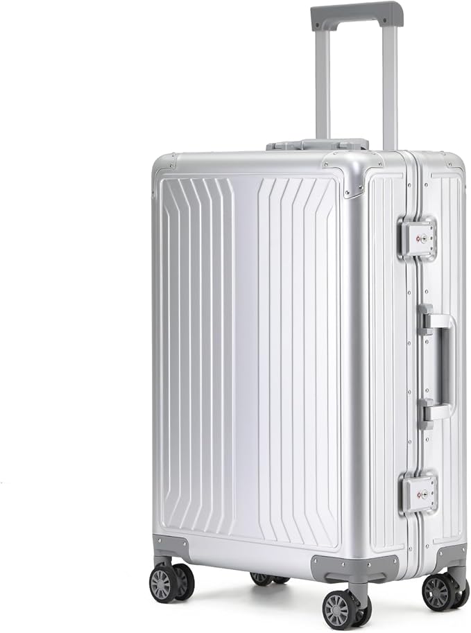 Metal all aluminum carry-on suitcase 20 "hard face, TSA lock and rotating wheel zippered luggage set (silvery, 24 '')