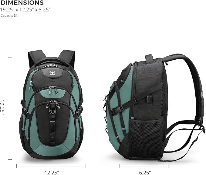 Swissdigital Design Laptop Backpack with USB Charging Port, TSA Travel Backpack Fits 15.6 inches Computer, 31L College School Backpack for Men, Lake Green/Black | SD803