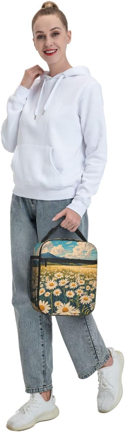 Daisy Flower Lunch Box for Kids Aldults, Nature Floral Reusable Thermal Insulation Cooler Tote Bags, Meadow Wildflower Field Insulated Bag for Student, School Picnic Camping Travel, Gifts