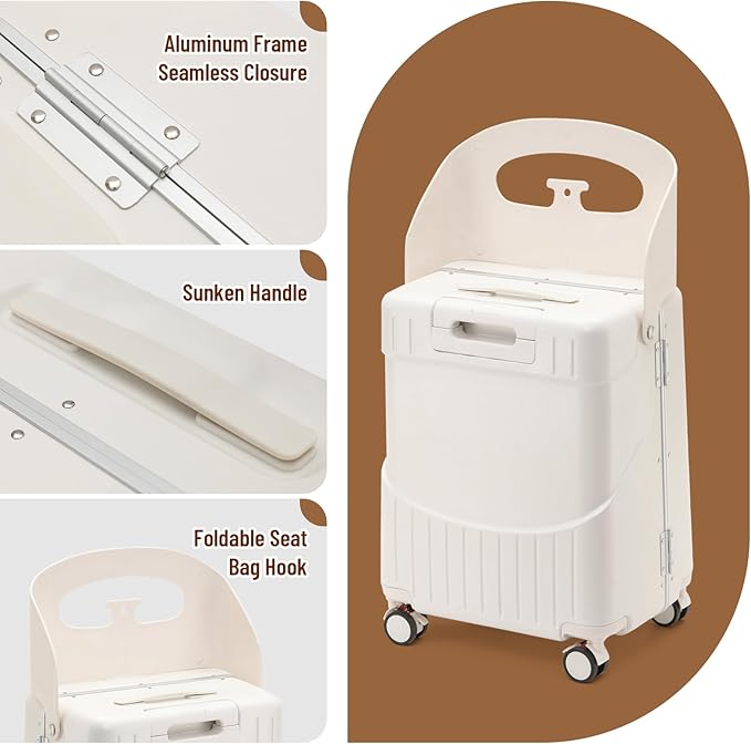22 Inch TSA Lock Luggage with Seat for Adults and Kids,Check in Lockable Spinner Wheels Suitcase with Belt and Cover (TSA Luggage with Child Seat White)