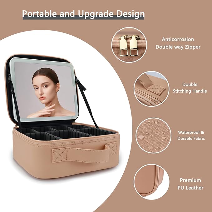 Makeup Bag with Led Mirror,Travel Makeup Organizer with 3 Color Setting, Portable Storage and Adjustable Dividers Travel Makeup Bag(khaki)