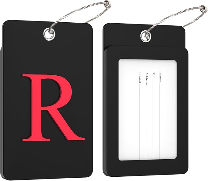 Gostwo 2 Pack Luggage Tags for Suitcases, 26 Initial Letter Travel Luggage Baggage Identification Labels ID Tag Fully Bendable Tags with Stainless Steel Loop (Black) (Letter R)
