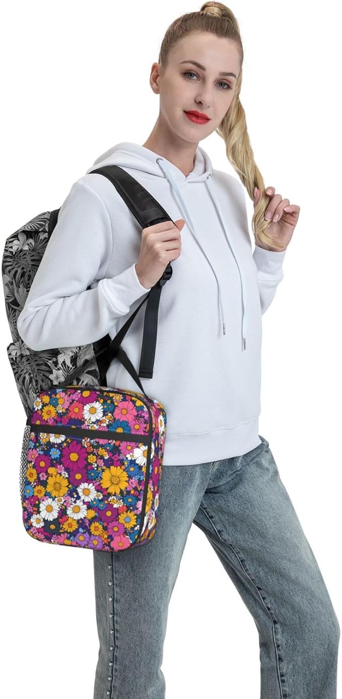Floral Insulated Lunch Box for Women Men Floral Lunch Bag for Travel,or Fishing Polyester Floral Lunch Box