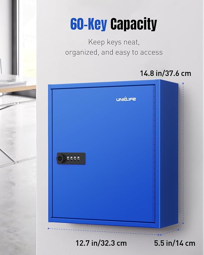 Uniclife 60 Keys Key Lock Box with Code, Wall Mount Key Box, Key Cabinet with Key Racks and Tags, Lock Box for Keys, Key Lockbox, Key Storage Box for Home Office & Company, Blue